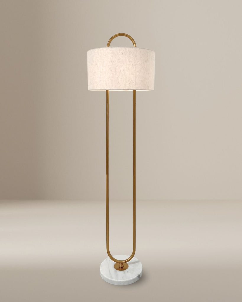Modern gold floor lamp with marble base and fabric drum shade – Arden by Luxiahaus