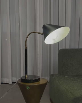 Video of the Grant Table Lamp with a black cone shade, brass neck, and marble base, softly glowing atop a wooden side table beside a green couch and sheer curtains.